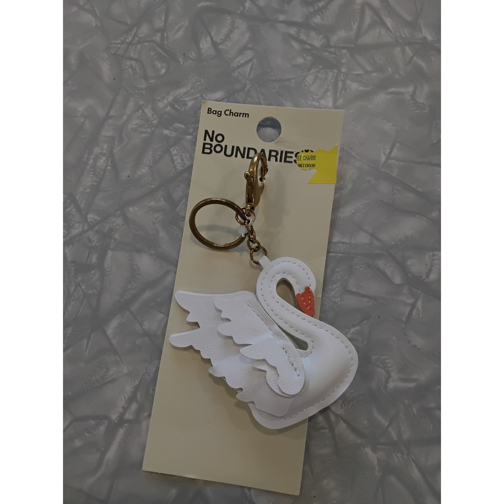 No Boundaries White Swan Bag Charm Faux Leather Keychain Gold Tone Hardware NWT